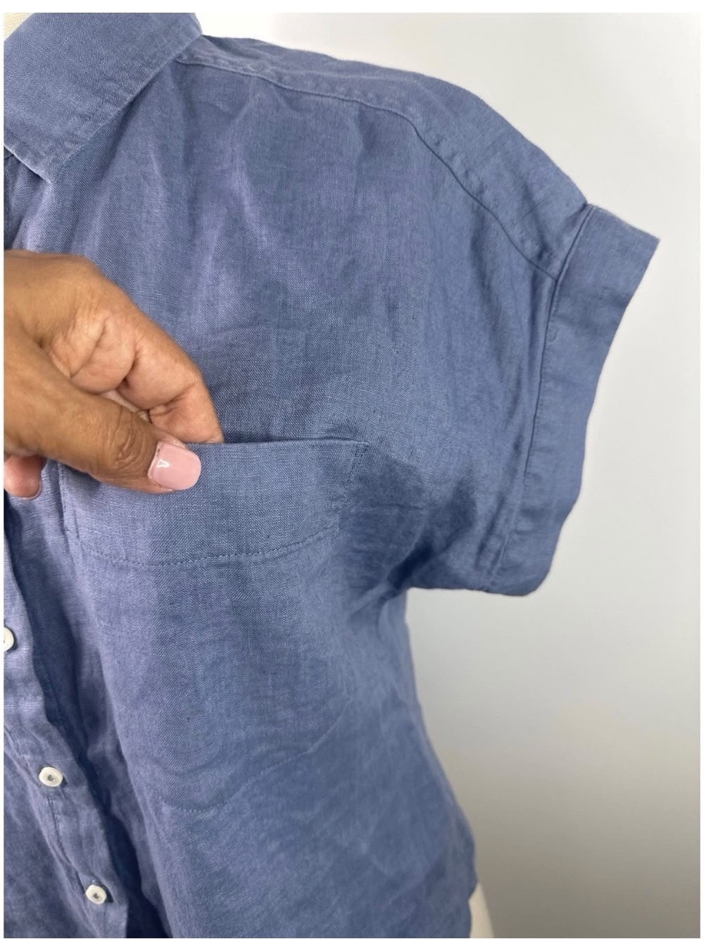 Quince Denim Collared Short Sleeve Button Down Shirt Top - Picture 5 of 10